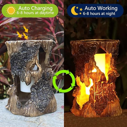 Solar Garden Lights, Flickering Stump Solar Flame Lantern Light Waterproof, Outdoor Stump On Fire Torch Light, Solar Powered Landscape Decoration Lighting for Patio Pathway Deck Yard (Natural)