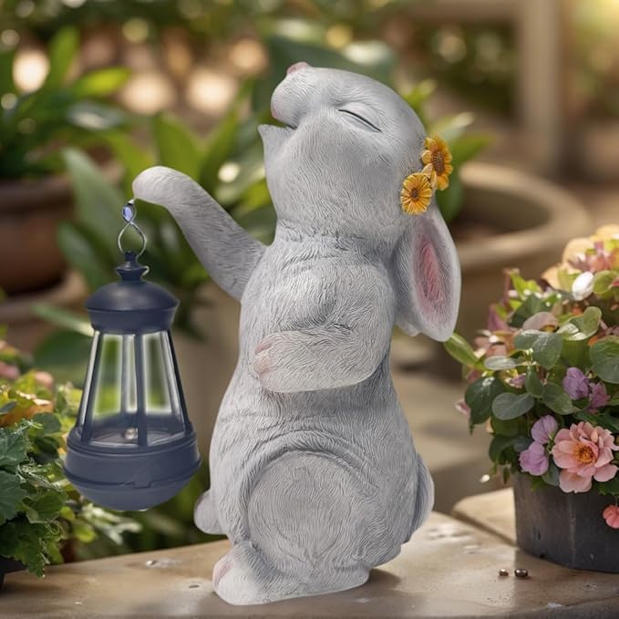 Garden Statue Solar Garden Decor Solar Rabbit with LED Light Outdoor Easter Decorations for Home, Patio, Yard,Lawn Ornaments Waterproof Resin Figurine Christmas Mother's Day Gifts（9.8 Inch）
