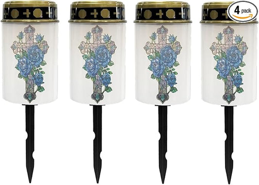 Poceacles Cross Outdoor Solar Lights - Waterproof Solar Lanterns with Blue Rose Gothic Cross Design, Pack of 4