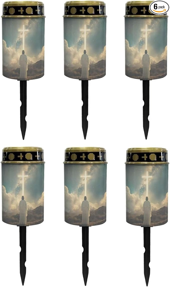 Poceacles 6 Pack Cross Solar Lights Waterproof Solar Garden Lights Cemetery Solar Outdoor Lights Outdoor Stake Automatic Solar Lantern for Cemetery Grave Decoration, God Cross Galaxy Blue