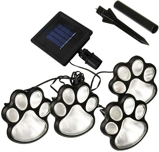 4 Solar Dog Animal Paw Print Lights Garden Statue Lantern Led Path 3" Light Lamp for Outdoor Garden Path Landscape Walkway Yard (Cool White)