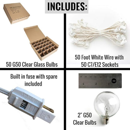 Hometown Evolution, Inc. 50 Foot Globe String Lights - G50 Clear 2 Inch Bulbs (White Wire) - Indoor Outdoor String Lights for Bedroom, Tent, Canopy, Bistro, Cafe and Party Lighting