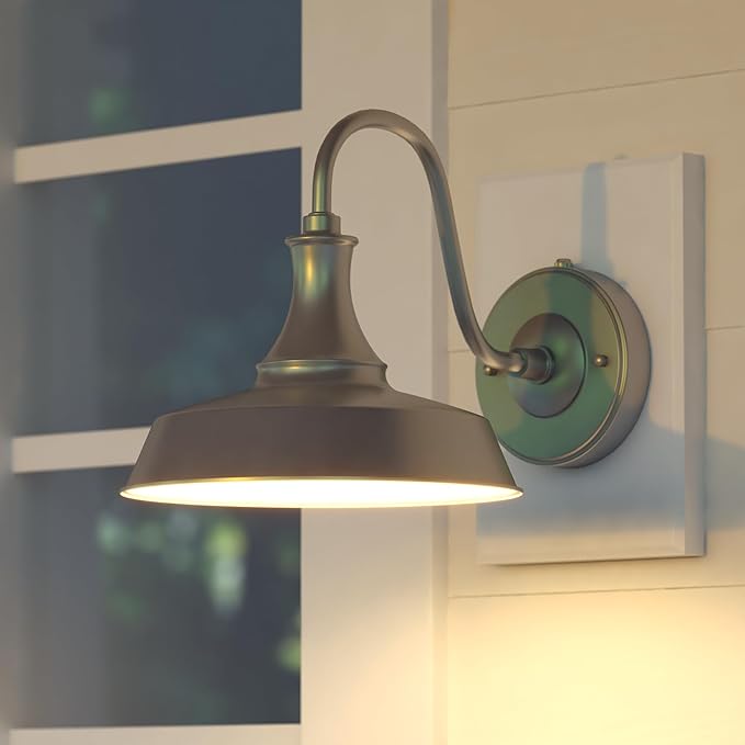 VAXCEL Dorado 9 in. H 1-Light Satin Silver and White Dusk to Dawn Sensor Farmhouse Outdoor Wall Sconce, Gooseneck Steel Shade, Dark Sky Compliant for Exterior Porch Patio Front Door or Garage