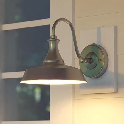 VAXCEL Dorado 9 in. H 1-Light Satin Silver and White Dusk to Dawn Sensor Farmhouse Outdoor Wall Sconce, Gooseneck Steel Shade, Dark Sky Compliant for Exterior Porch Patio Front Door or Garage