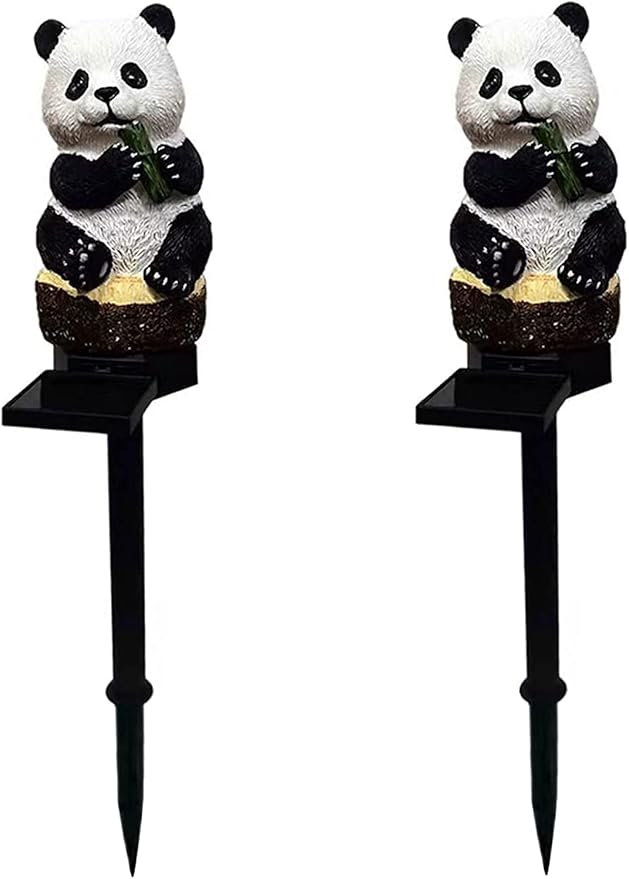 PRTECY 2Pcs Panda Solar Garden Stake Lights Outdoor Waterproof Resin Panda Solar LED Light with Stake Cute Figurine Pandas Sculpture Ornaments for Garden Lawn Patio Yard Decor
