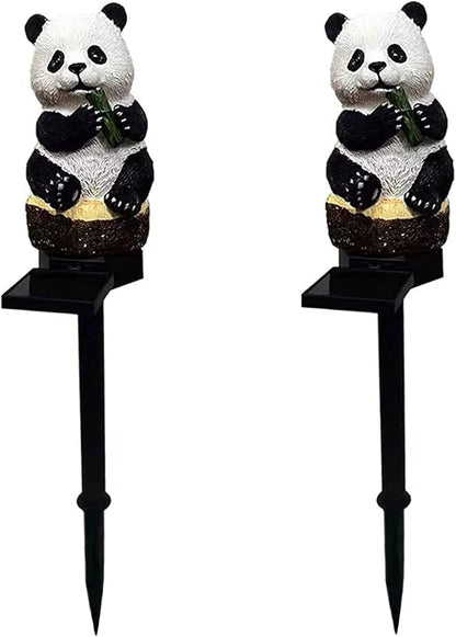 PRTECY 2Pcs Panda Solar Garden Stake Lights Outdoor Waterproof Resin Panda Solar LED Light with Stake Cute Figurine Pandas Sculpture Ornaments for Garden Lawn Patio Yard Decor