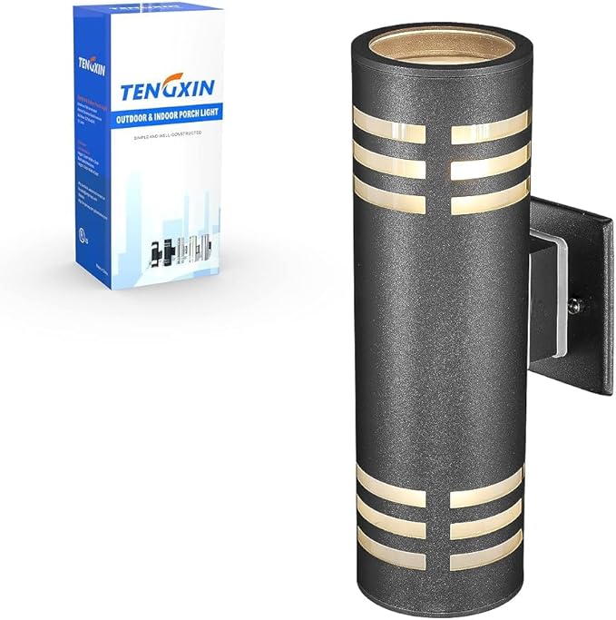 TENGXIN Outdoor Wall Light,Up and Down Cylinder Patio Porch Light,Stainless Steel 304 and Toughened Glass,Black | Lumora