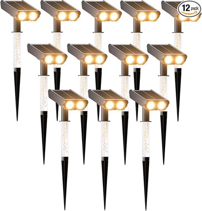 Solar Spotlights Outdoor Waterproof- 2 IN 1 Solar Spot Lights Outdoor with 2 Lighting Modes & PC Light Guide Column for Garden Yard Pathway | Warm Yellow 3000k Spotlights | IP65 Waterproof | 12 Pack