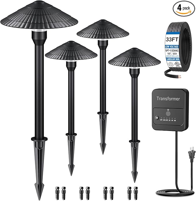 ZZXX All-in-One Low Voltage Landscape Lighting Kit 4-Pathway Lights with 40W Transformer, 5W LED Landscape Lighting Low Voltage 12-24V,IP66 Waterproof Outdoor Lights 2700K for Yard Patio Walkway