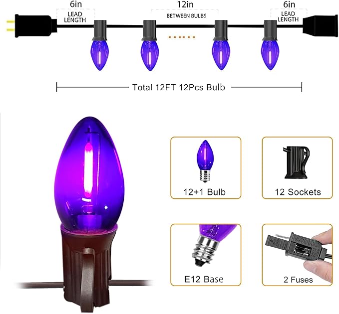 12FT Purple Halloween Lights Outdoor, C7 LED String Lights Plug in with Black Wire for Porch Railing, Walkway | Lumora