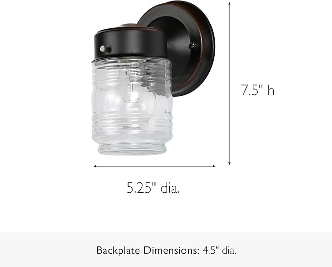 Design House 505198 Jelly Jar Classic 1-Light Indoor/Outdoor Wall Light with Clear Ribbed Glass for Entryway Porch Patio, Oil Rubbed Bronze