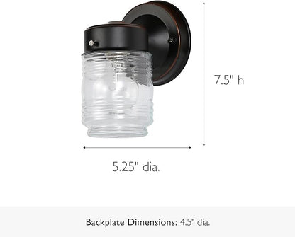Design House 505198 Jelly Jar Classic 1-Light Indoor/Outdoor Wall Light with Clear Ribbed Glass for Entryway Porch Patio, Oil Rubbed Bronze