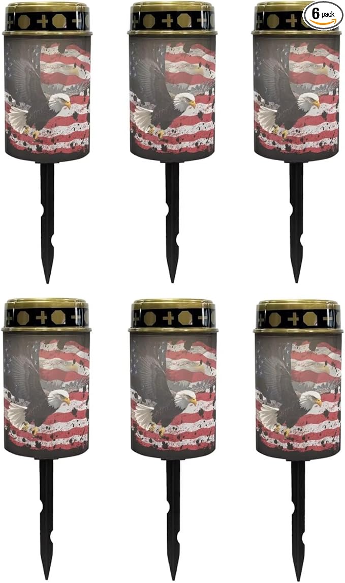 Poceacles Solar Lights Pack of 6 Outdoor Grave Solar Lights for Cemetery Decoration Solar Outdoor Lights Cemetery Solar Lamp for Garden Lawn Backyard Pathway Decor, Eagle American Flag Splash