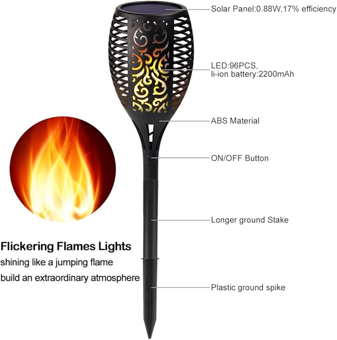 Solar Tiki Torch Light Flickering Flame Outdoor Waterproof Dusk to Dawn Garden Light 96 LED Dancing Flames Landscape Lighting Outdoor Path Light for Patio Deck Yard Driveway