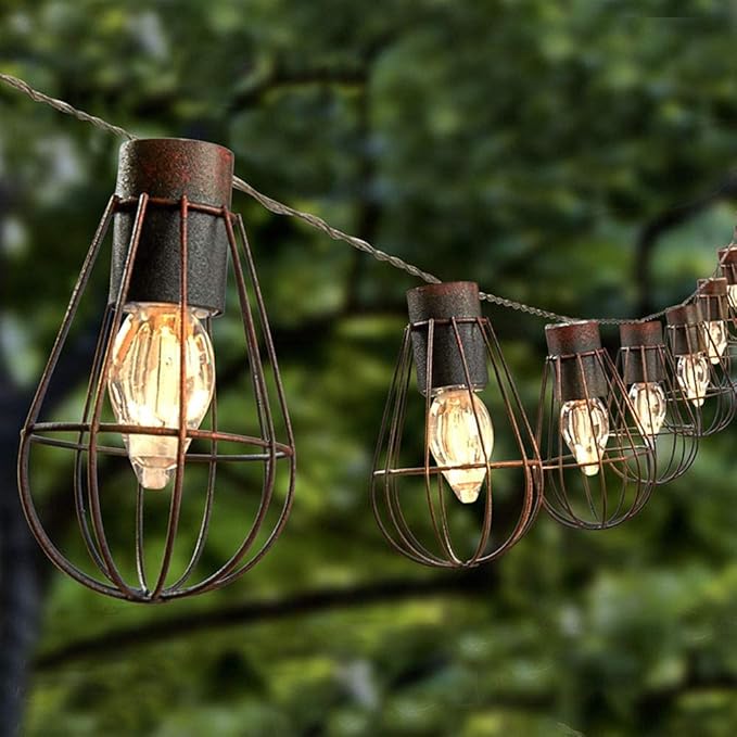 Solar Bulbs String Light,Metal Shade/Wire Cage-10 LED Bulbs Outdoor Fairy Lights Vintage String Lights Decoration for Garden Patio Cafe Porch