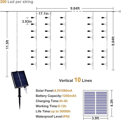 300 LED Solar Curtain Lights Outdoor Indoor Solar Christmas Lights Fairy Window Waterproof, Twinkle 8 Modes Christmas Decoration for Home Patio (Multi-Colored)