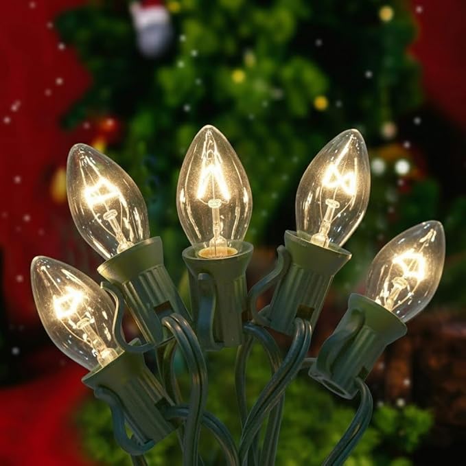 C7 Christmas Lights 25Ft Outdoor Christmas String Light, Stranger Things Lights with 27 Clear Warm White Bulbs, Vintage String Light for Garden Patio Tree Decoration, Green Wire