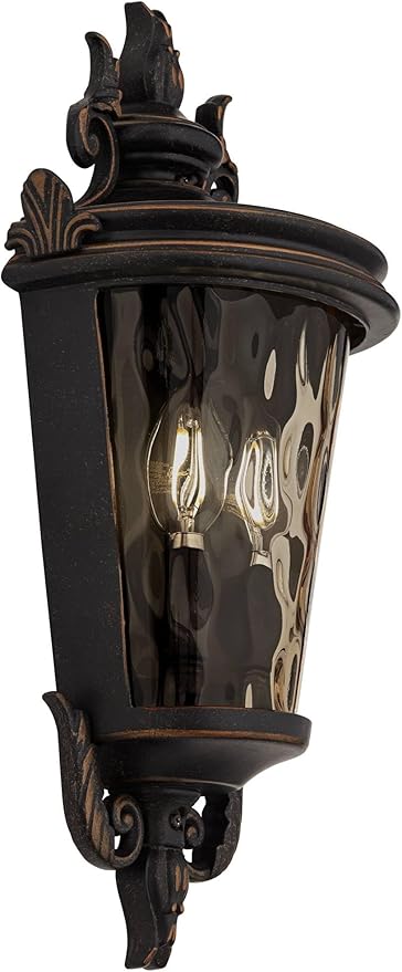 John Timberland Casa Marseille Vintage Outdoor Wall Light Fixture Veranda Bronze 17" Champagne Hammered Glass for | Lumora