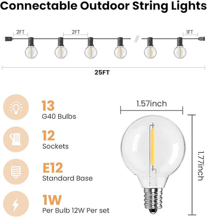 Outdoor String Lights 25 ft, G40 Led Patio Light with 13pcs Bulbs, Shatterproof Waterproof Dimmable Connectable Hanging Globe Outdoor Lights for Party, Cafe, Backyard, Balcony, Bistro,Gift, Black