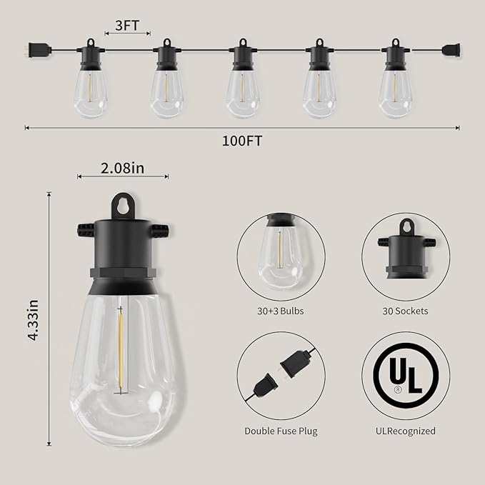 100 FT Outdoor String Lights IP65 Waterproof Patio Lights with 30 + 3 Shatterproof LED Bulbs Commercial Grade LED | Lumora