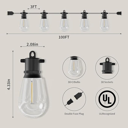 100 FT Outdoor String Lights IP65 Waterproof Patio Lights with 30 + 3 Shatterproof LED Bulbs Commercial Grade LED String Lights Connectable Hanging Decorative Lights for Outdoor Terrace Yard