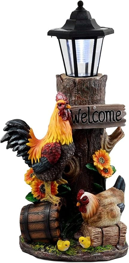 Ebros Country Farm Rooster Hen and Chicks Family by Sunflowers Solar LED Light Lantern Welcome Sign Statue Path Lighter 18.25" Tall