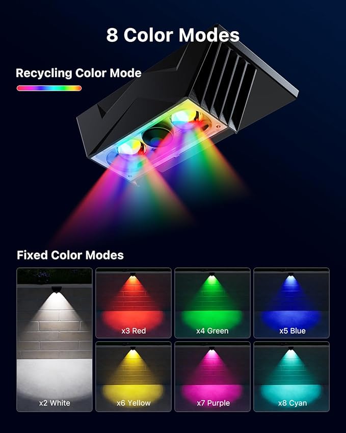 8 Pack Color Change Solar Fence Lights Outdoor for Deck, Railing, Stair, Retaining Wall, Waterproof Led Accent RGB Lamp Decorative Lighting with Spot Len for Patio, House, Pool Cage, Garden, Yard