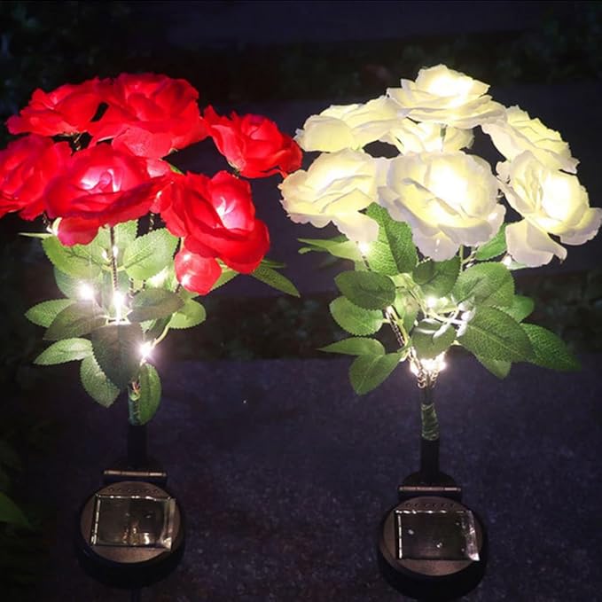Aolyty Solar Garden Lights, 2 Pack Solar Rose Lights with 14 Rose Flowers, IP65 Waterproof LED Landscape Light Warm Light for Garden Patio Yard Pathway Valentines Day Outdoor Decorative (Green)