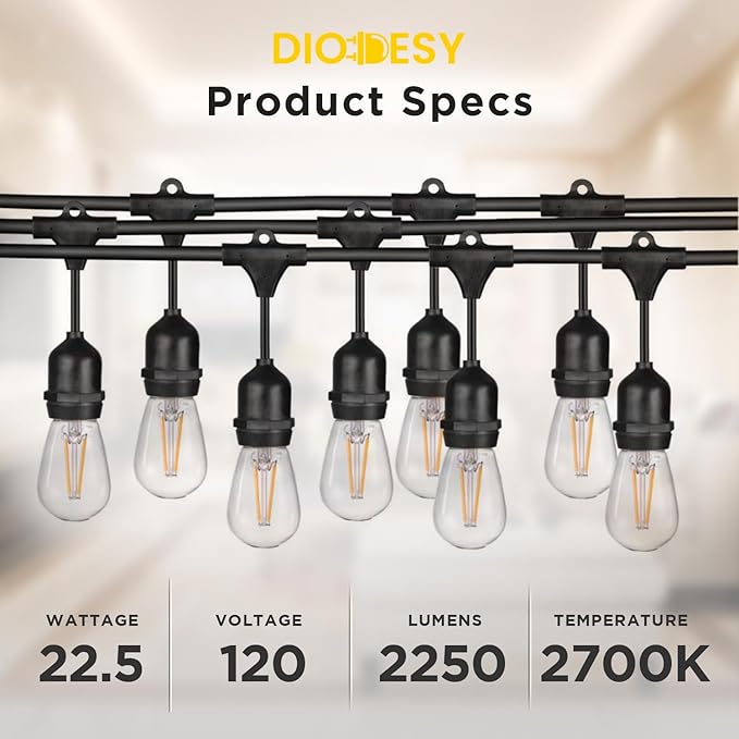 Diodesy- 48Ft Outdoor String Lights with S14 LED Shatterproof Edison Bulb & 15 Hanging Socket Commercial Grade E26 | Lumora