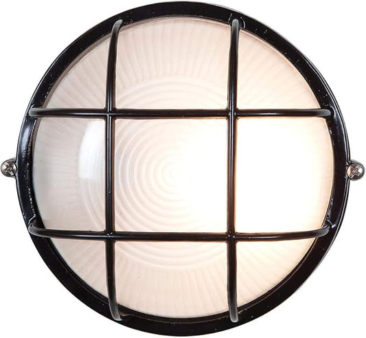 Nauticus - Round 7"dia Wet Location Bulkhead - Black Finish - Frosted Glass Shade
