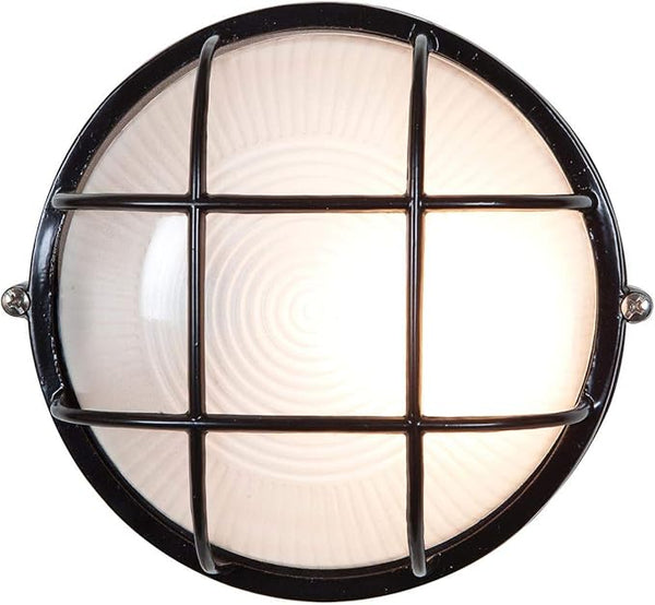 Nauticus - Round 7"dia Wet Location Bulkhead - Black Finish - Frosted Glass Shade - Outdoor Wall Light | Lumora