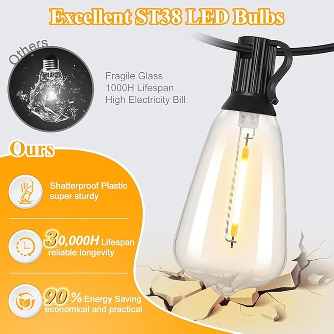 150FT Outdoor String Lights Patio Lights with 60 Shatterproof ST38 Vintage Edison Bulbs (2700K) Commercial Grade | Lumora