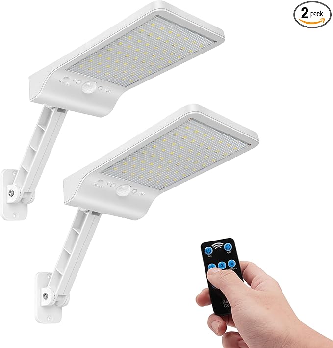 Aqonsie Solar Lights Outdoor, 180° Adjustable 56LED Solar Flood Light, Outside Security Motion Sensor Lights with Remote, 3 Lighting Modes with Mounting Rod for Gutter Backyard Garage Garden 2 Pack