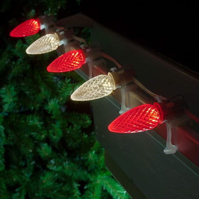 Wintergreen Lighting C9 OptiCore LED Red and Warm White Christmas Lights – Commercial Outdoor Heavy Duty Bulbs; 18 Gauge White Wire (100 Lights, 100 Ft)