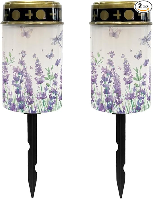 Poceacles Solar Lights Outdoor Cemetery Flameless LED Lights Grave Solar Lantern Outdoor Waterproof Decorative for Cemetery Grave Lawn Outdoor Decor, Hyacinth Flower Butterfly, Pack of 2