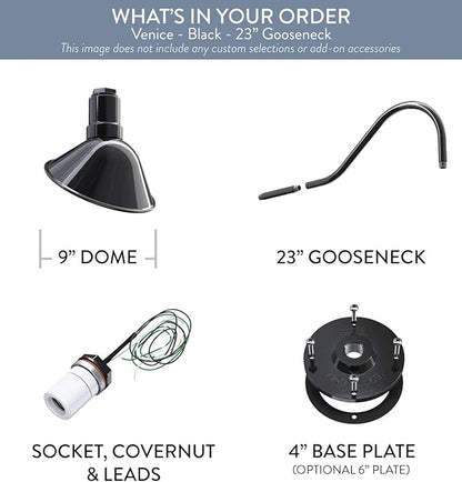 Steel Lighting Co. Venice Store Sign Light | for Outdoor Restaurant Accent Wall | 9 inch Dome | 23 inch Gooseneck | Made in America | Black Exterior/White Interior