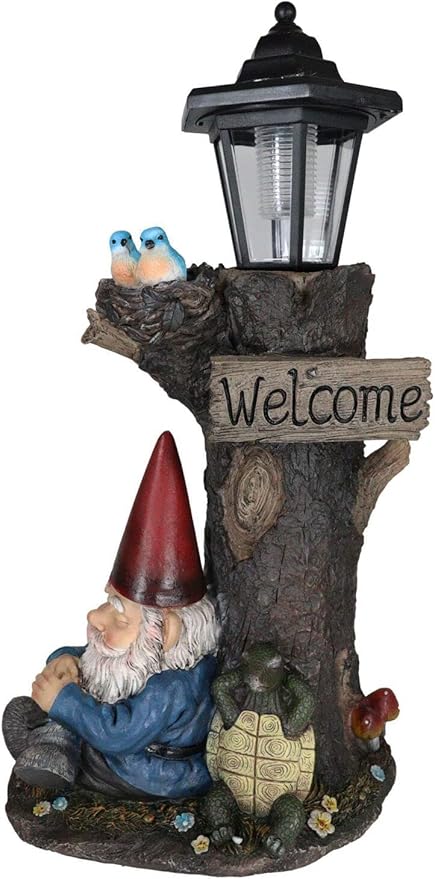 Ebros Gift Whimsical Summer Dream Garden Gnome with Buddy Turtle Taking a Short Nap Under Tree Outpost Crossroad Station Solar Path LED Courtesy Light Garden Statue Home Decorative Patio Figurine