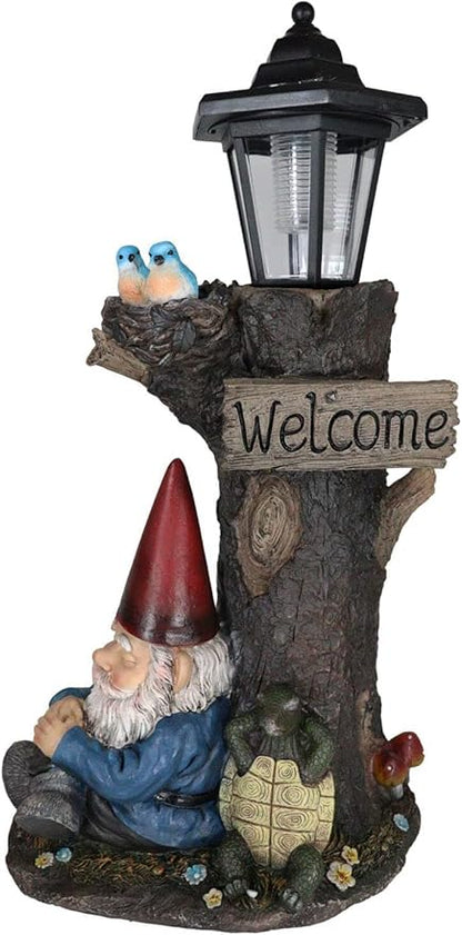 Ebros Gift Whimsical Summer Dream Garden Gnome with Buddy Turtle Taking a Short Nap Under Tree Outpost Crossroad Station Solar Path LED Courtesy Light Garden Statue Home Decorative Patio Figurine