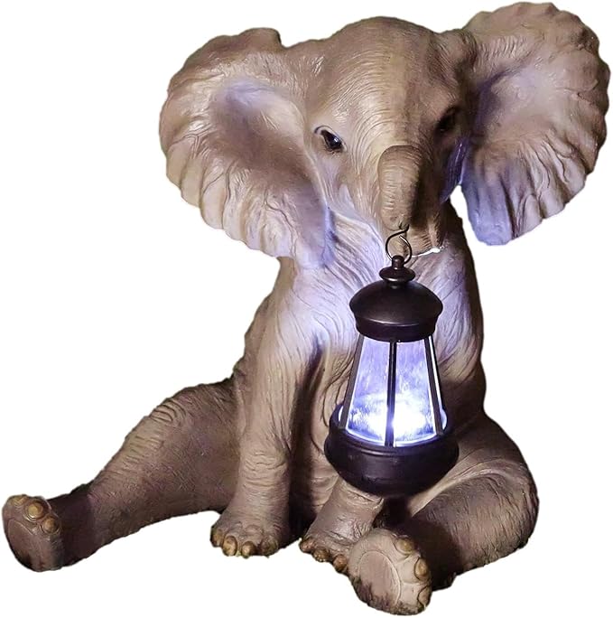 Ebros Safari Savanna Wildlife Animal Melee Adorable Pachy Elephant Statue Home Patio Decor Figurine with Solar LED Light Lantern Lamp 13.75" H Guest Greeter Elephants Path Lighter Sculpture