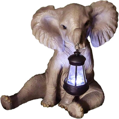 Ebros Safari Savanna Wildlife Animal Melee Adorable Pachy Elephant Statue Home Patio Decor Figurine with Solar LED Light Lantern Lamp 13.75" H Guest Greeter Elephants Path Lighter Sculpture
