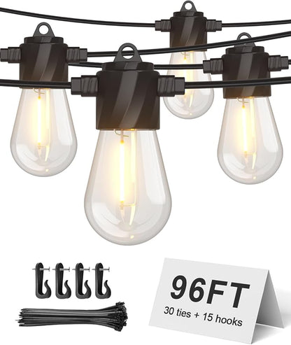 XMCOSY+ 96Ft Outdoor String Lights - LED Waterproof Patio Lights with 32 Edison Bulbs, Dimmable Hanging String Lights for Outside, Porch, Yard, House