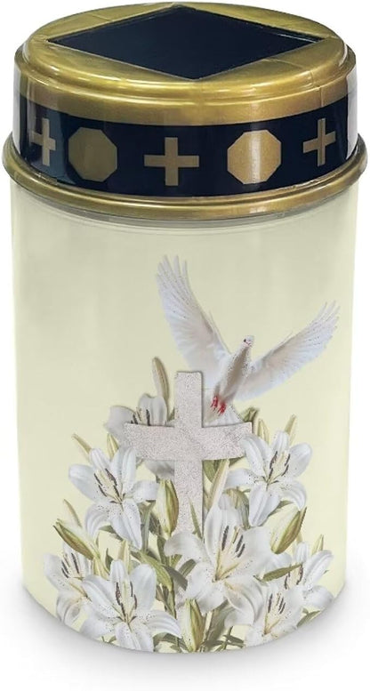 Cross Solar Lights Outdoor Cemetery Peace Dove Cemetery Solar Lights White Floral Religious Lighting Outdoor Waterproof for Graves in Garden