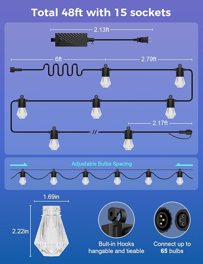 XMCOSY+ 48FT Smart Outdoor String Lights - RGBCWIC Dimmable Acrylic Bulbs, Color Changing LED Patio Lights APP WiFi | Lumora