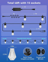 XMCOSY+ 48FT Smart Outdoor String Lights - RGBCWIC Dimmable Acrylic Bulbs, Color Changing LED Patio Lights APP WiFi | Lumora