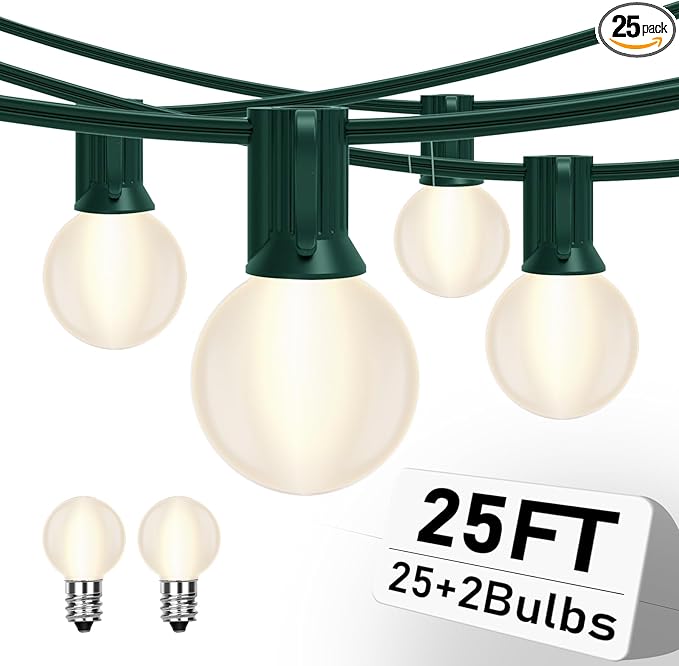 25FT Outdoor String Lights with 27 Frosted White Bulbs, G40 Globe Patio String Lights for Indoor/Outdoor, Connectable Hanging Lights for Backyard Porch Balcony Party Decor - Green Wire