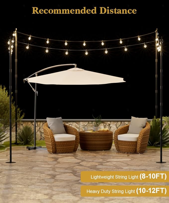 10Ft String Light Poles for Hard Surfaces, Outdoor Light Stand for Backyard, Garden & Patio Party Lighting | Lumora