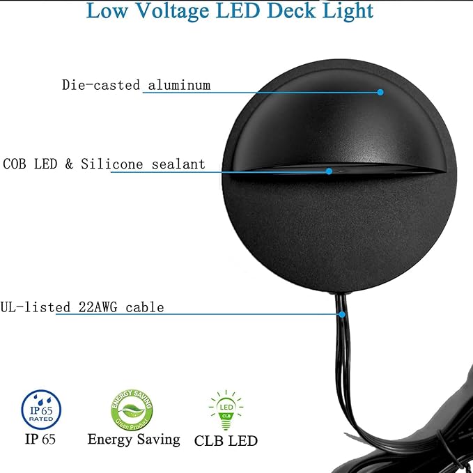 RNEHON 4-Pack 2W Low Voltage LED Deck Lights, Φ3.94inch Landscape Step Railing Fence Light, Die-cast Aluminum, IP 65 Waterproof Outdoor Stair Light Warm White for Stair,Walkway,Deck, Step,Yard (Black)