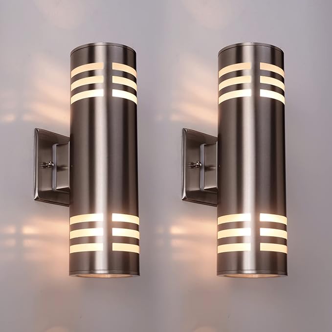 2 Pack Outdoor Wall Sconce, Waterproof Wall Light Fixture, Cylinder Porch Wall Mount Light with Stainless Steel 304, E27, 13" Height, UL Listed (Silver, Brushed Nickel, No Bulbs)
