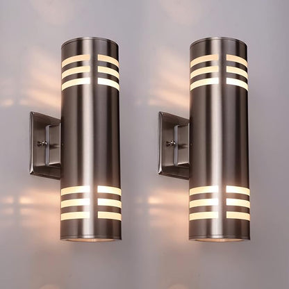 2 Pack Outdoor Wall Sconce, Waterproof Wall Light Fixture, Cylinder Porch Wall Mount Light with Stainless Steel 304, E27, 13" Height, UL Listed (Silver, Brushed Nickel, No Bulbs)