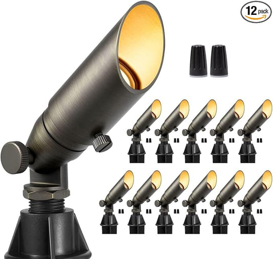 Gardenreet Cast Brass Spot Light 12V - Outdoor Dim Uplighting Waterproof, MR8 LED Low Voltage Landscape Lights Metal, Bronze for Fence Fountain Without Bulbs (12 Pack)